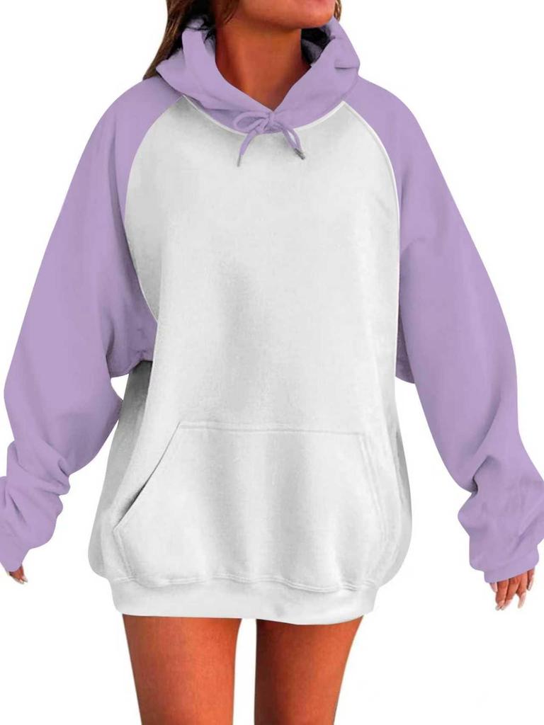 2025 European American Raglan Sleeve Hoodie - Long Sleeve, Spring/Autumn, Color Block, Loose Fit
