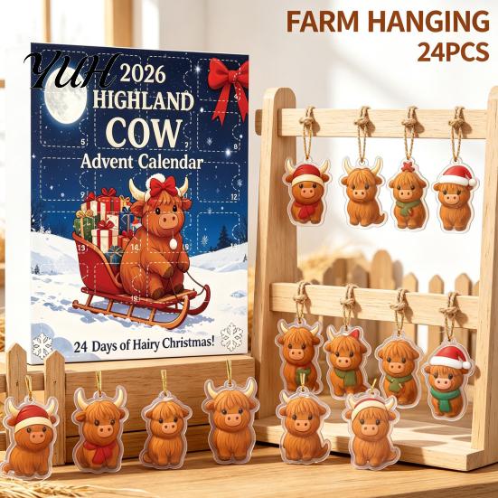 Highland Cow Advent Calendar Christmas with 24 Acrylic Ornaments, Festive Countdown Holiday Ornaments Box for Tree Hanging Decor And Seasonal
