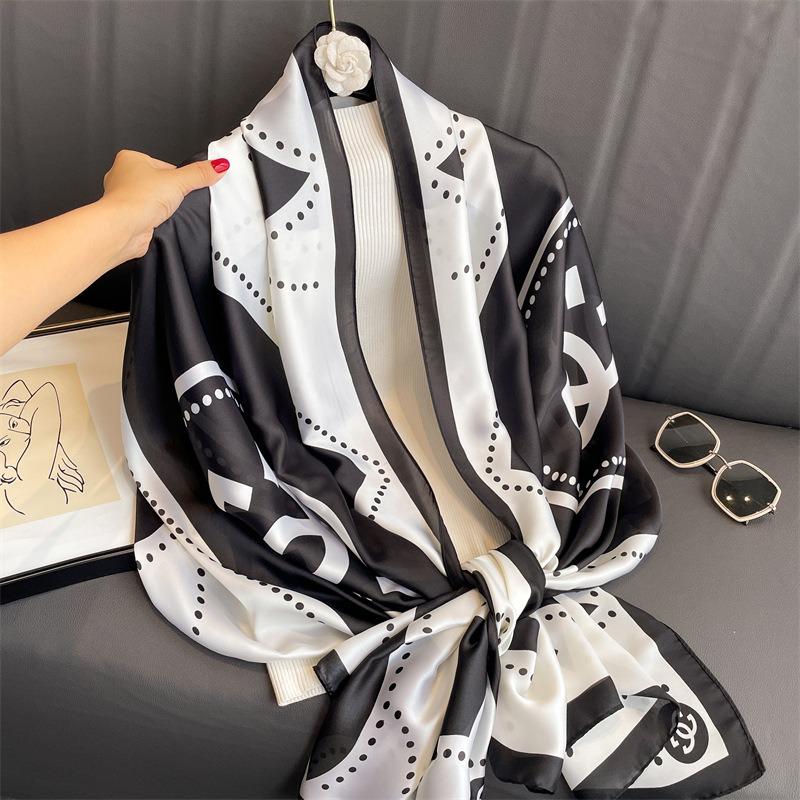 Ring chain large size shawl premium letter silk scarf imitation silk scarf new long scarf thin beautiful brocade