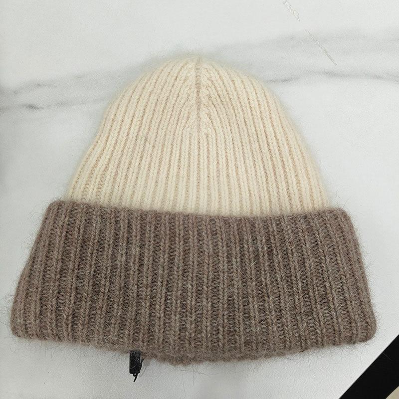 Color Matching Wool Hat Women's Autumn and Winter Versatile Cute Pullover Hat Rabbit Fur Thickened Warm Two-color Knitted Hat