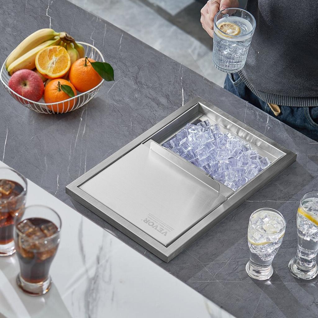 Drop In Ice Chest, 18"L X 12"W X 14.5"H Stainless Steel Ice Cooler, Commercial Ice Bin with Sliding Cover, 40.9 Qt Outdoor Kitchen Ice Bar, Drain-pipe