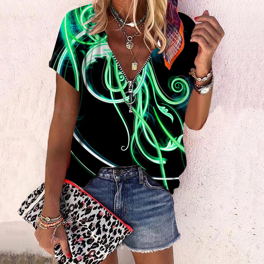 Women's Top Summer New Fashion Rose Flower Blue Light Printed Casual Zipper V-neck Short Sleeve Top