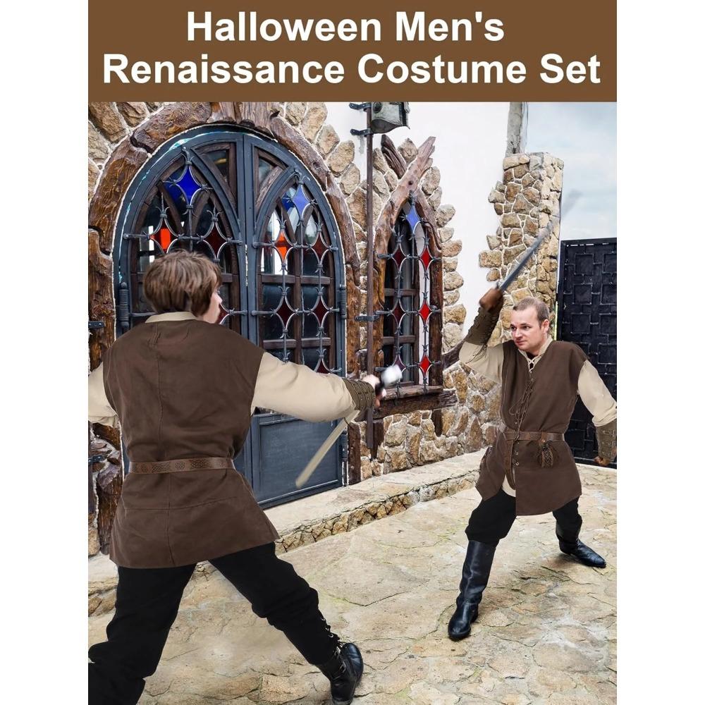 6 Pcs Men's Halloween Renaissance Costume Set Medieval Vest Shirt Ankle Banded Pants Viking Belt Armband Pouch