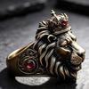 3D Stereo Crown Lion King Ring with Antique Ruby-Carved Lion Design - European American Hip Hop Jewelry.