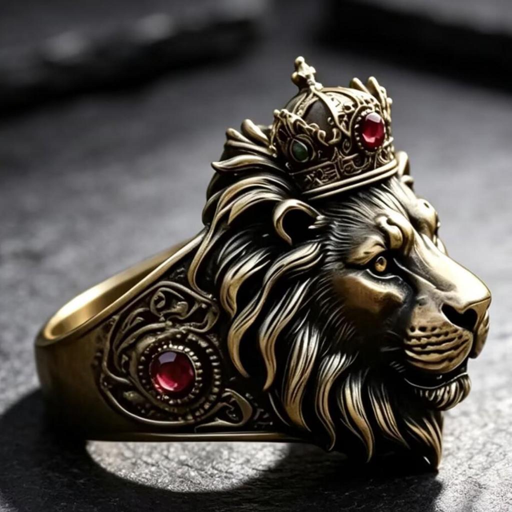 3D Stereo Crown Lion King Ring with Antique Ruby-Carved Lion Design - European American Hip Hop Jewelry.