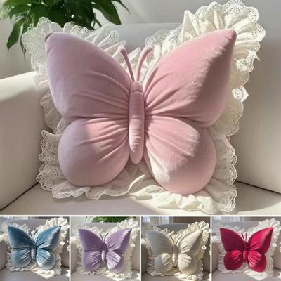 Motýlí polštář Dekorativní polštář s motivem motýla a krajkovým lemováním Elegantní měkký motýlí polštářek pro kancelářskou židli Pohovku Gauč Postel