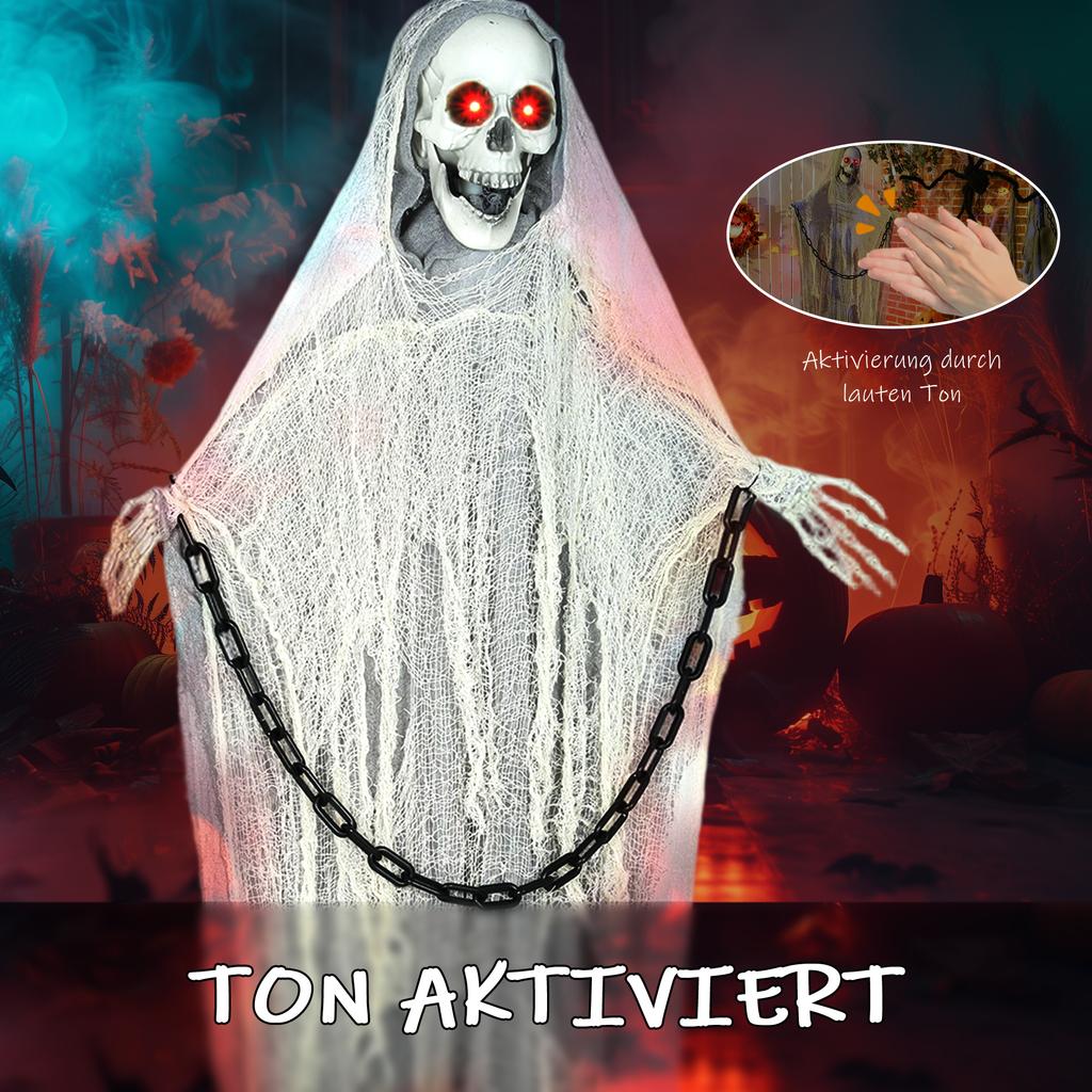 183 cm Levensgroot Halloween Geanimeerd Skelet Doodskop met Gloeiende LED Ogen, Enge Halloween Decoraties, Werkt op Batterijen, Binnenfeest Attributen