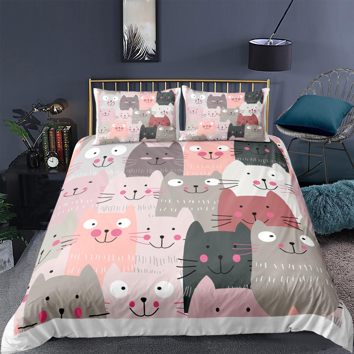 

Lightweight Cozy Cat Polyester Pattern With Hipster Playful Feline Characters Decorative 3 Piece 2 Pillow Sham Twin Quilt Comforter (quilt)-EU Single(135*200cm)3pcs