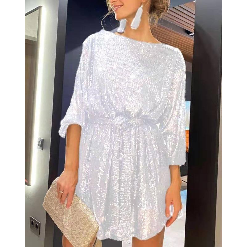 GMXIA Damen Rundhals Langarm Mode Sommer Frühling Einfarbige Druck Casual Kleider