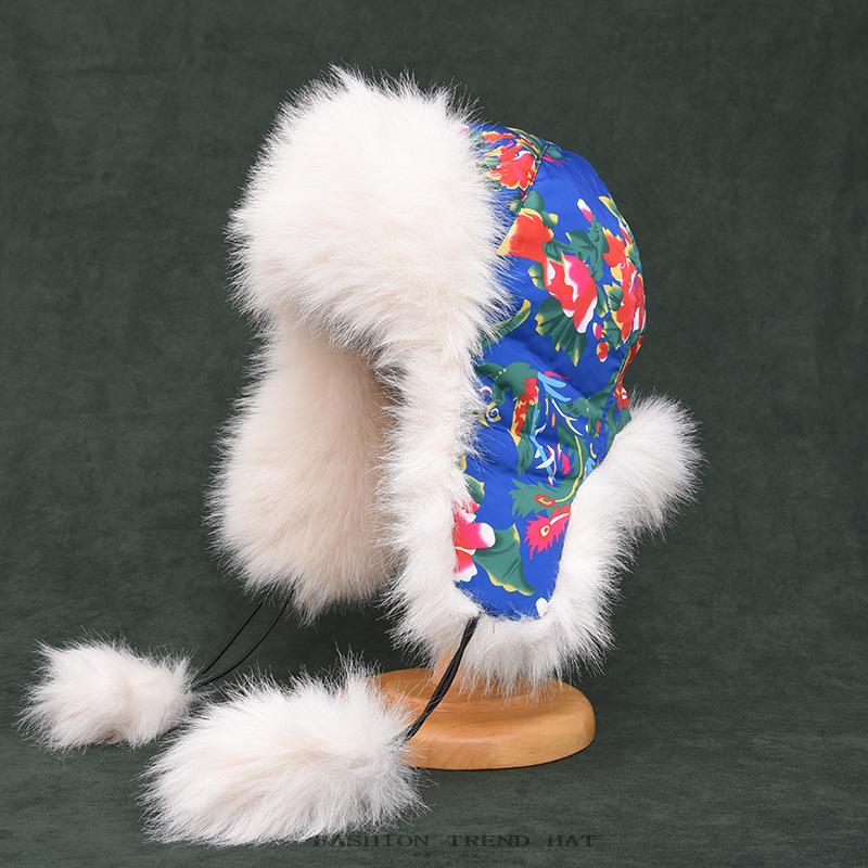 Stor Blomst Plysj Lei Feng Lue Dame Vinter Fortykket Varm Ørebeskyttelseslue Snøland Etnisk Vind Langt Hår Stor Blomst Hatt