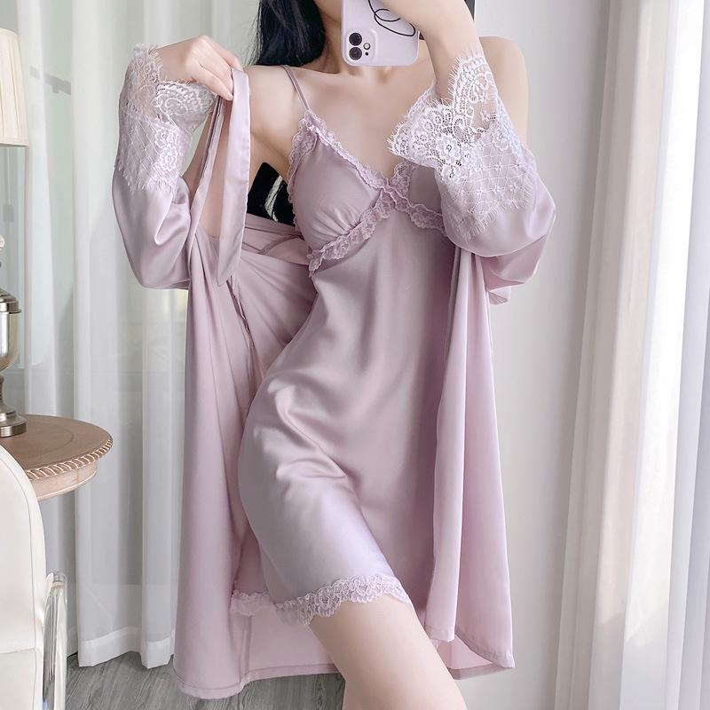 Summer Ice Silk Sexy Nightgown Set - Women’s Thin Suspender Dress with Beautiful Back Design