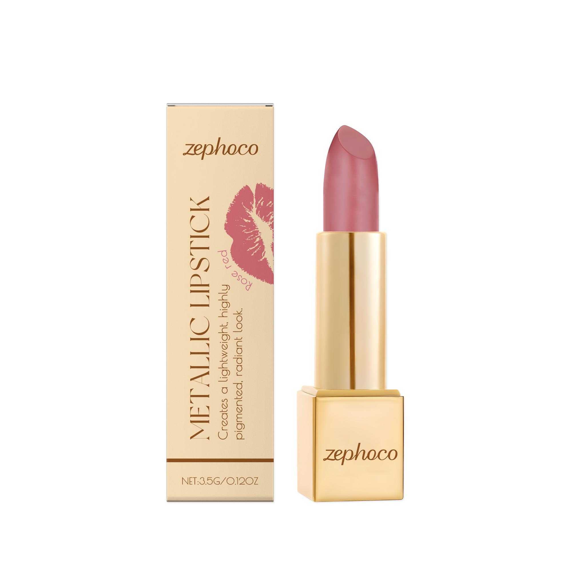 zephoco Rose Red Metallic Cream Lipstick, lightweight texture, moisturizing, easy to apply, creates a glossy lip look