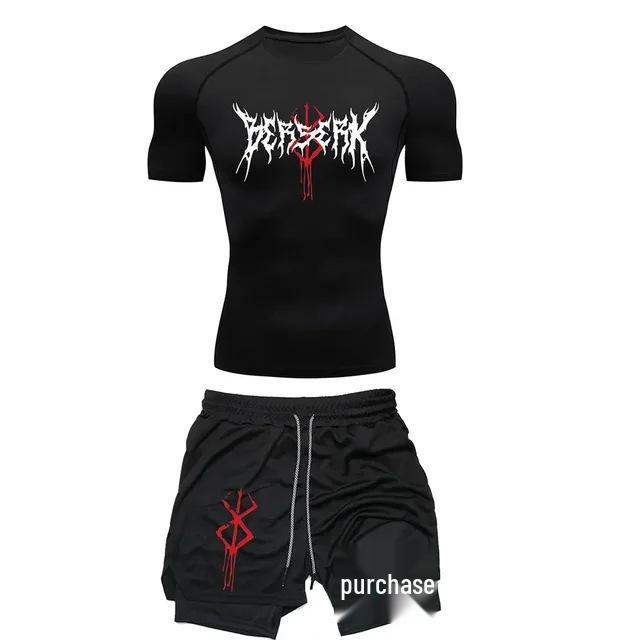 Europäischer Trend Herren Sommer Lässig Fitness Zweiteiliges Set: Bedrucktes Kurzarm-Oberteil & Shorts black