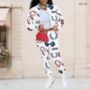 Women Plus Size White Printed Long Sleeve Stand Collar Cropped Varsity Jacket And Long Pants Two Piece Set