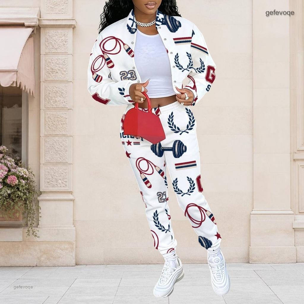 Women Plus Size White Printed Long Sleeve Stand Collar Cropped Varsity Jacket And Long Pants Two Piece Set