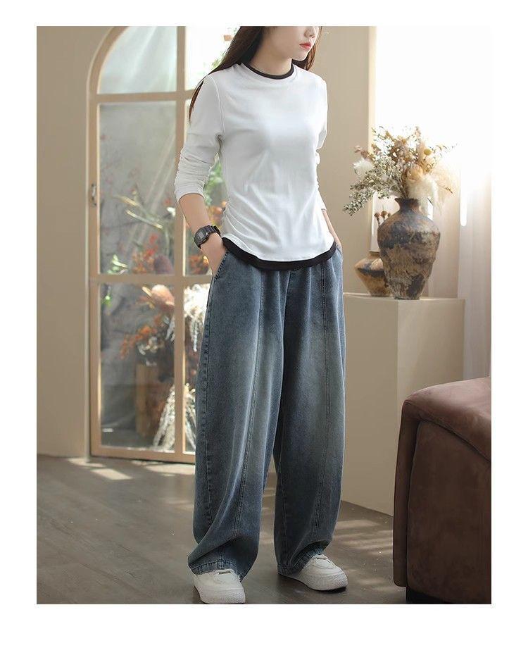 Women's Plus Size Elastic Waist Denim Wide-Leg Harem Pants - Slimming and Casual for Spring and Autumn