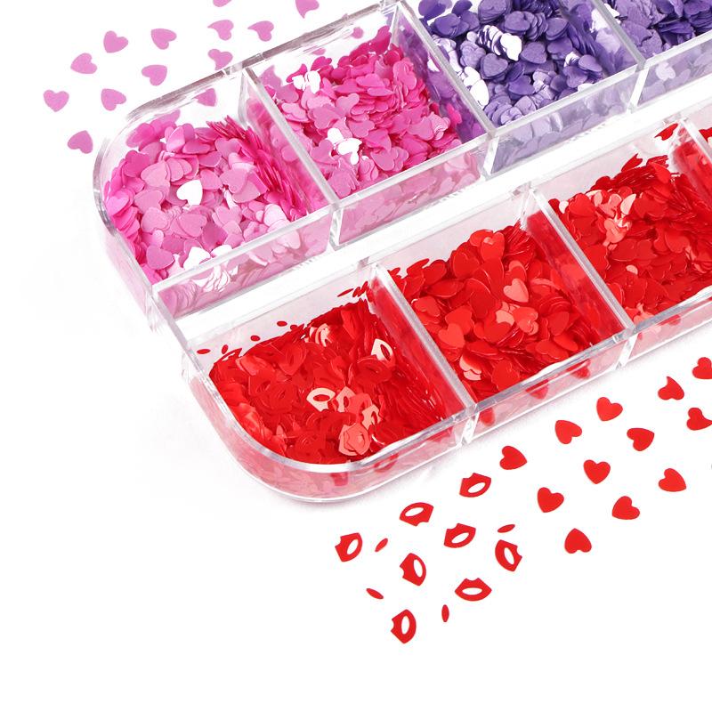 12 Grids/box Nail Sequins Flakes Paillette Nail Art Decoration Heart Alphabet Lips