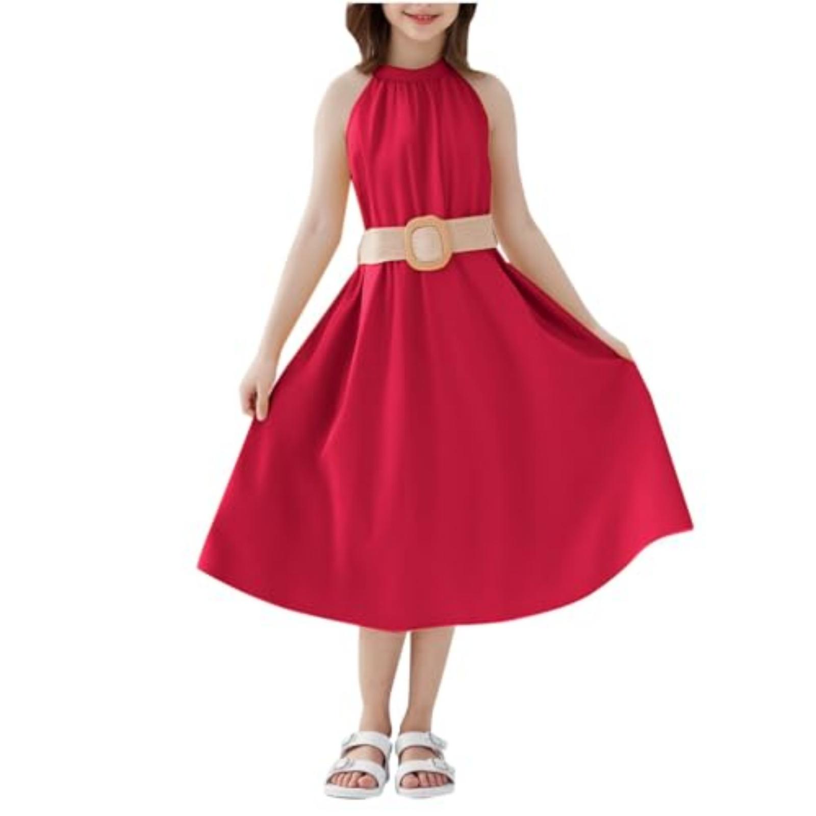 

Sleeveless Girls Midi Dress with Belted Waist and Neckline Soft Fabric Comfortable Fit for Daily Wear 130 винный
