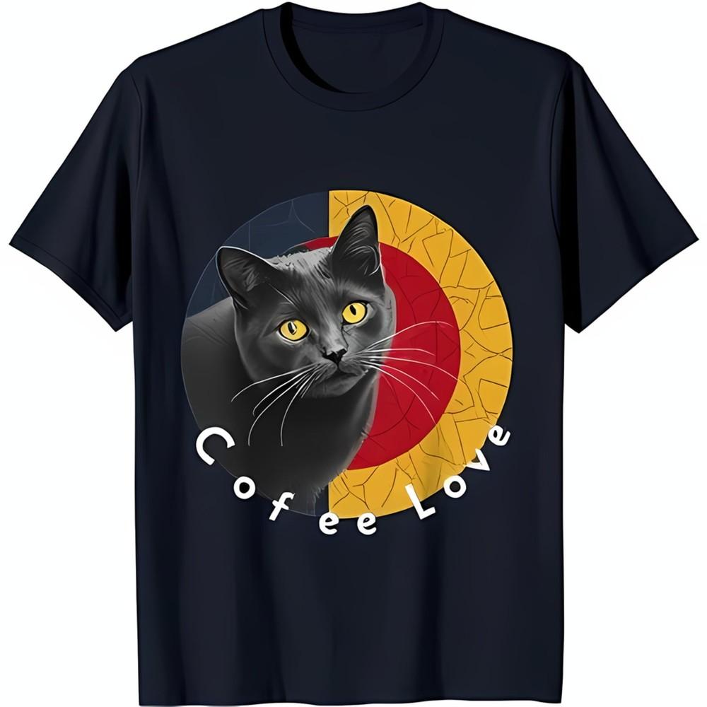 Black TShirt With Bold Circular Design Featuring Black Cat Coffee Love Text S