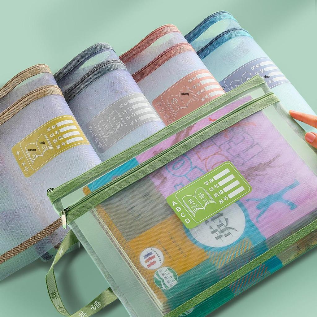 Double Layer Student Homework Bag: Large Capacity A4 Mesh Document Organizer with Dual Zippers