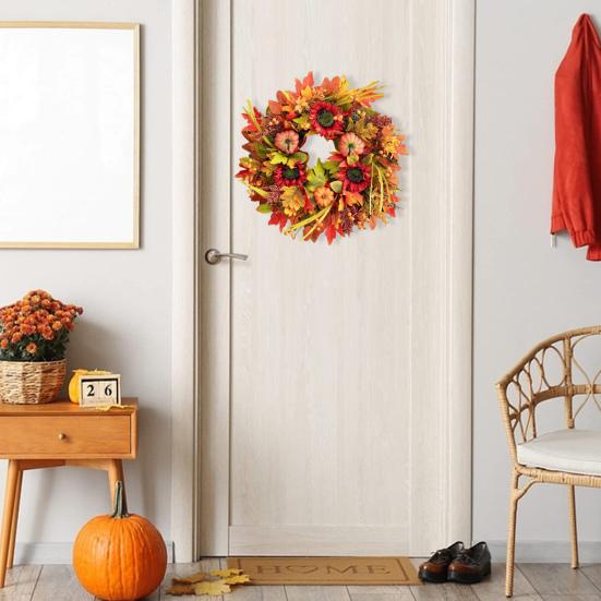 18 Inch Fall Wreath for Front Door Large Autumn Wreath with Artificial Pumpkins Sunflowers Maple Leaves for Thanksgiving Harvest Farmhouse Porch Wall