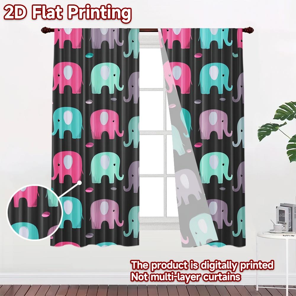 2D Flat Printing 2pcs Curtain Scene Curtains Colorful Elephants On Dark Background Digital Printed Polyester Drapes Festive