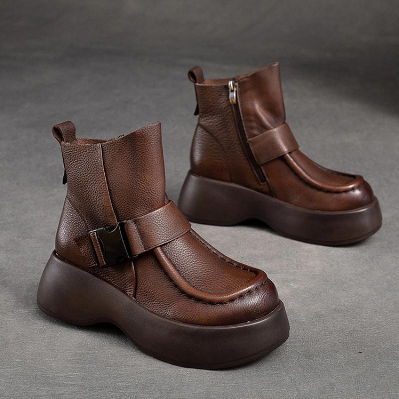 Johnature Versatile Retro Short Boots Thick Sole Genuine Leather Boots Comfortable Women's Shoes