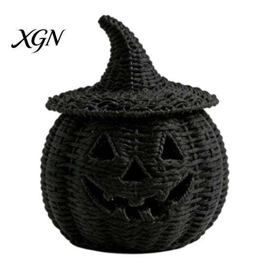 Seasonal Home Display Handwoven Pumpkin Basket with Witch Hat Lid, Rustic Wicker Trick Gothic Table Centerpiece or Treat Bucket for Indoor Outdoor
