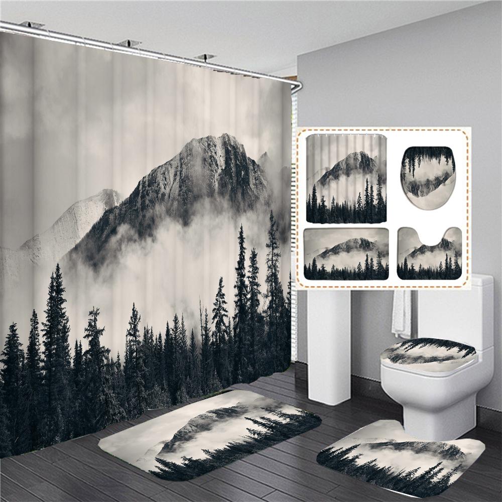 The Fog Of The Forest Landscape Shower Curtain Bathroom Accessories Partition Waterproof Polyester Bath Curtain Rugs And Mat Set