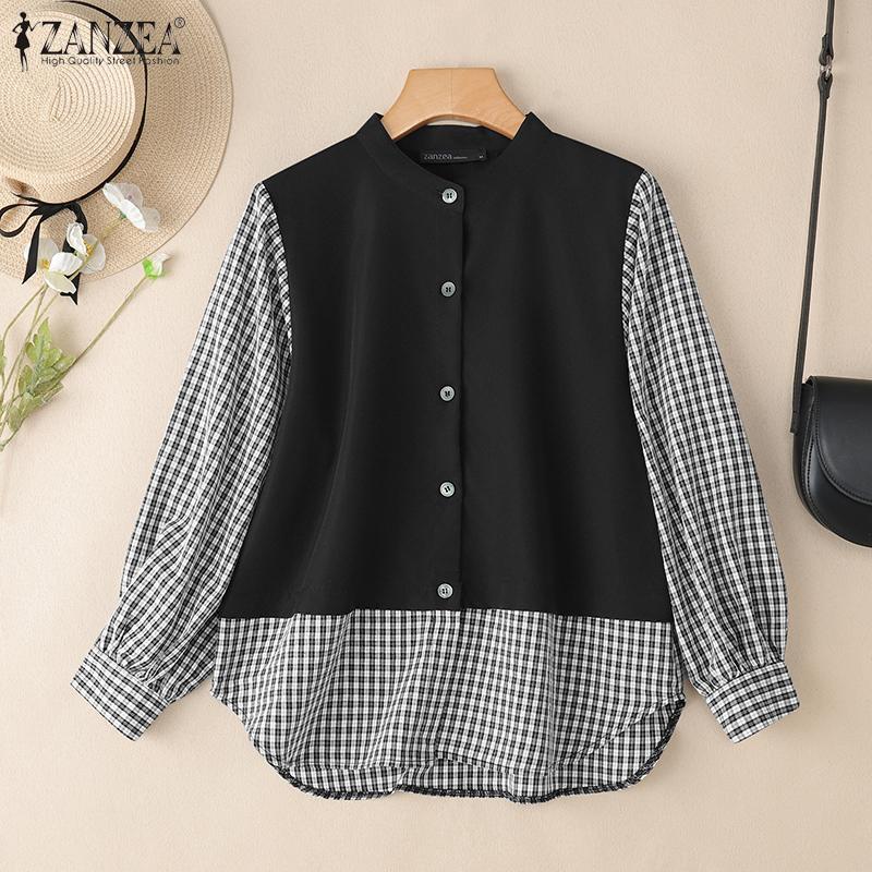 ZANZEA Damen Freizeit Rundhals Karomuster Patchwork Langarm Bluse