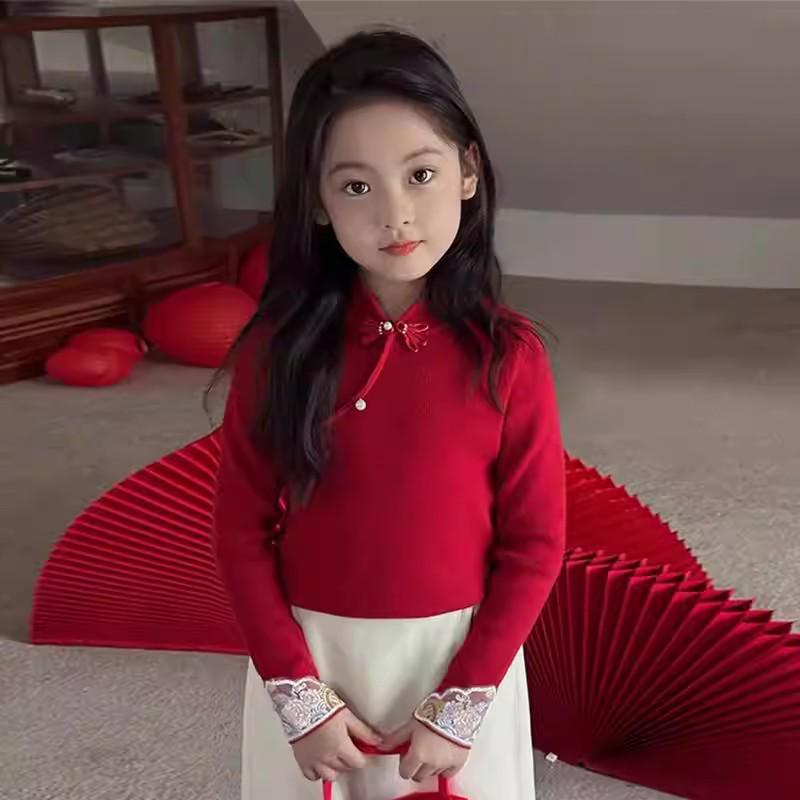 Girls' Chinese Style Red Qipao Collar Sweater for Winter and New Year