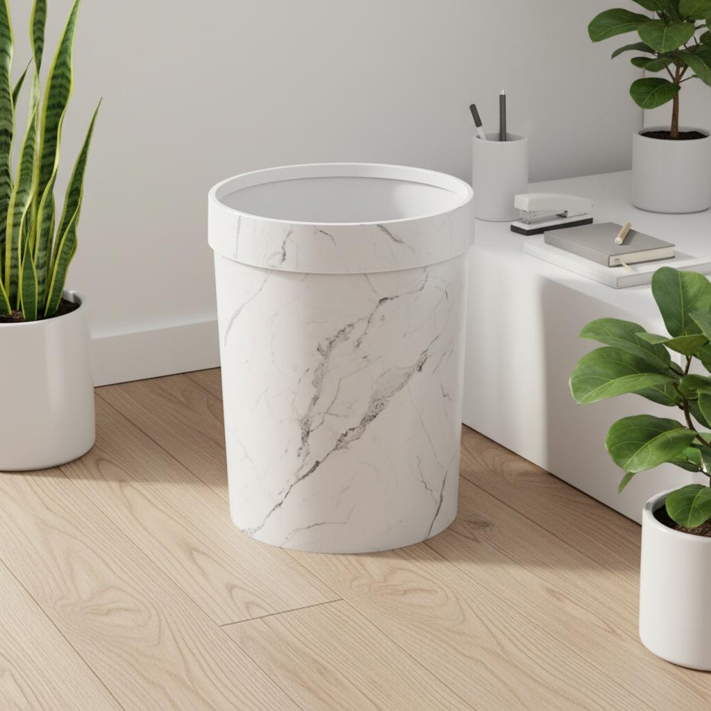 Hotel Household Snow White Open Top 10L PP Plastic Marble Printed No Lid Waste Storage Basket Recycle Garbage Bin 10L