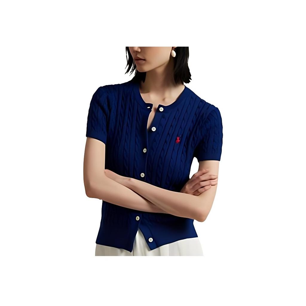 Polo Ralph Lauren Ss25 Vyšívané logo Jednořadé Pletené tričko s krátkým rukávem Dámské topy Modré 211965760-002