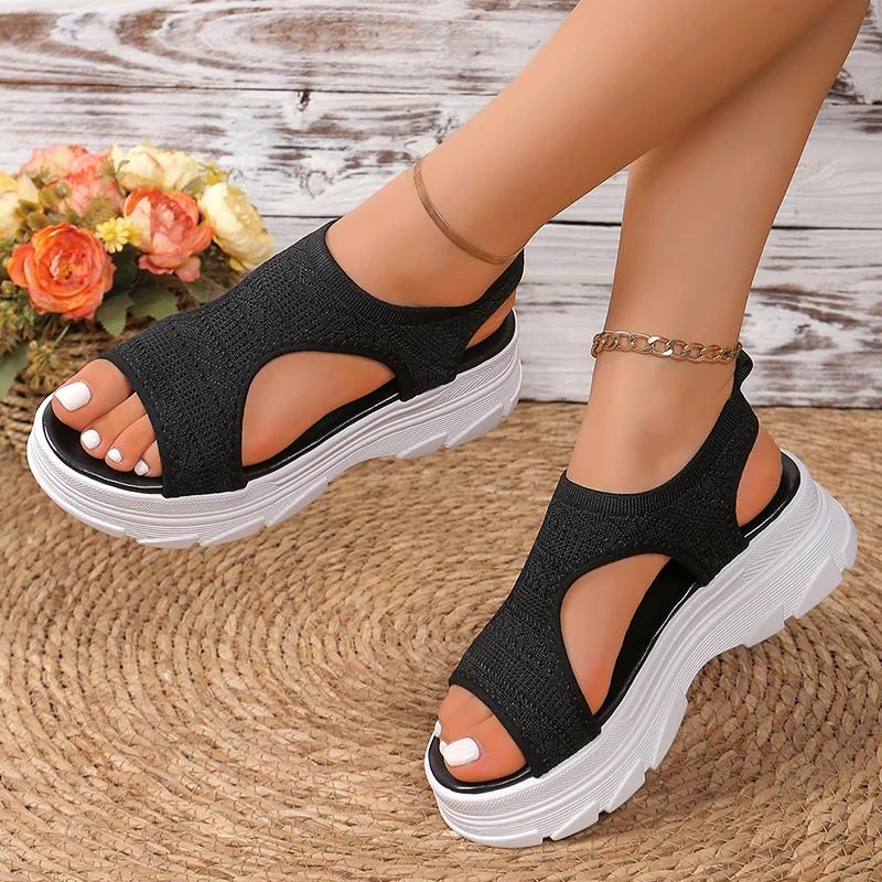 Fashion Hollow Out Knit Platform Sandals for Women 2025 Summer Fashion Breathable Sports Sandals Woman Thick Sole Non Slip Walking Shoes