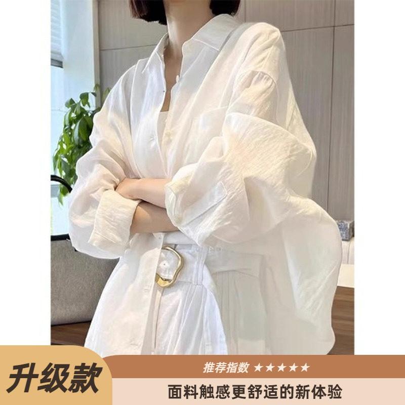 White cotton and linen sunscreen shirt women's summer loose casual top lazy style thin jacket linen slightly transparent shirt