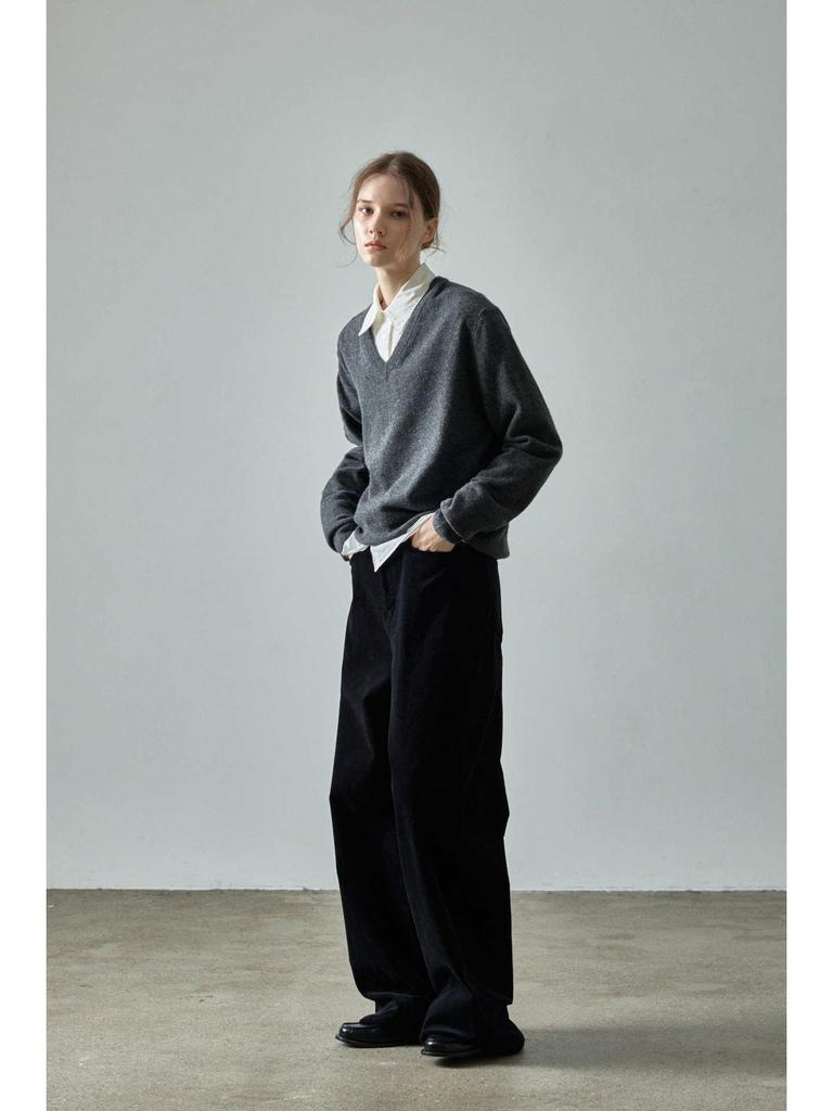 In-Stock: Women's V-Neck Wool Sweater - Fall/Winter Design, Simple Loose Fit, Slimming Knit Top