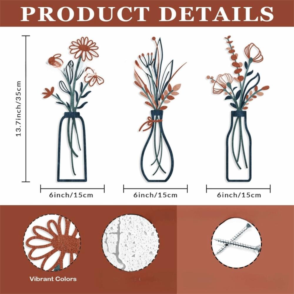 3 Pieces Set Vase Design Floral Decor 3D Wall Stickers Wall Decor Metal Flowers Wall Art  Bathroom