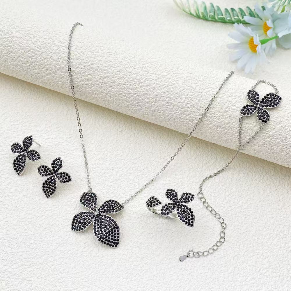 Flora Four Leaf Clover Cubic Zirconia Jewelry Set Plated Copper Bracelet Ring Necklace Earrings Valentine's Day Gift for Her