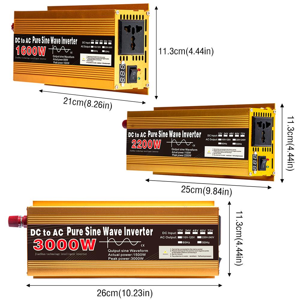 Inverter 12V 220V Pure Sine Wave 1600W 3000W DC To AC Portable Power Voltage Converter Multi-function Car Solar Inverter
