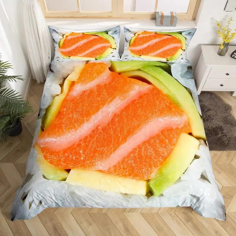 Sushi Comforter Cover,Kawaii Rice Printed Duvet Cover,Cartoon Sushi Food Bedding,Salmon Caviar Sushi Japanese Style Quilt Cover