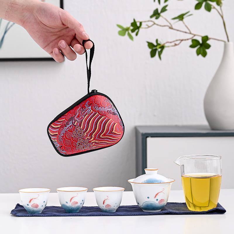Hand-painted travel express cup Kung Fu tea set portable small set one pot three cups outdoor car ceramic tea maker