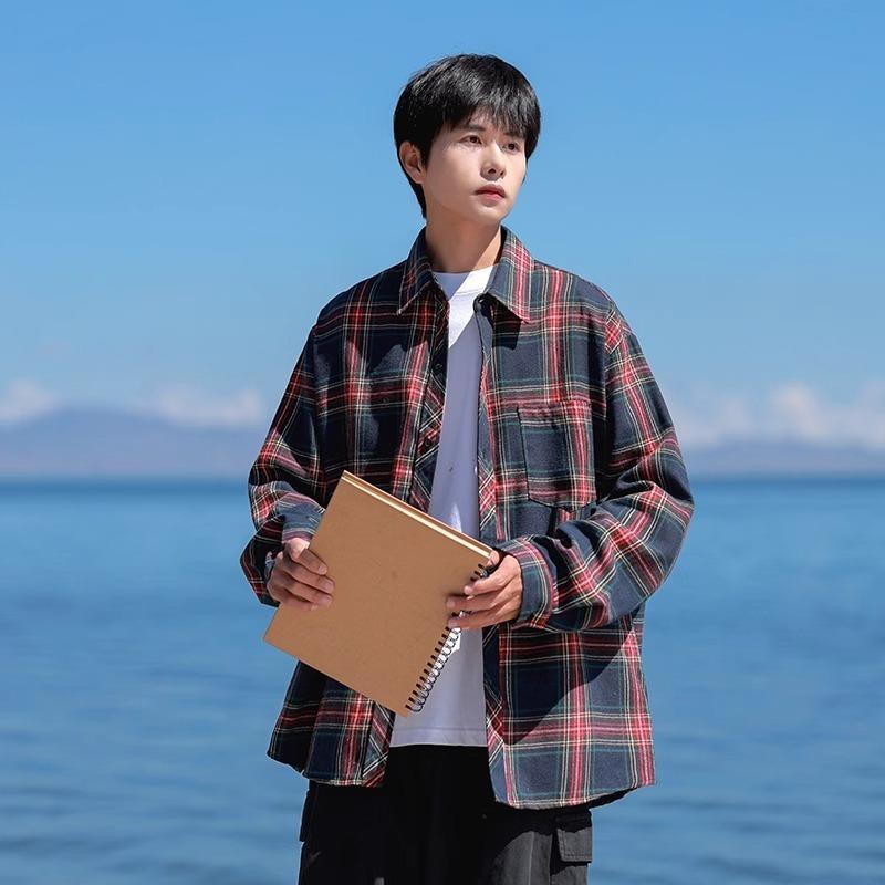 Frühling und Herbst Neues Herren Retro Locker Kariertes Langarmhemd