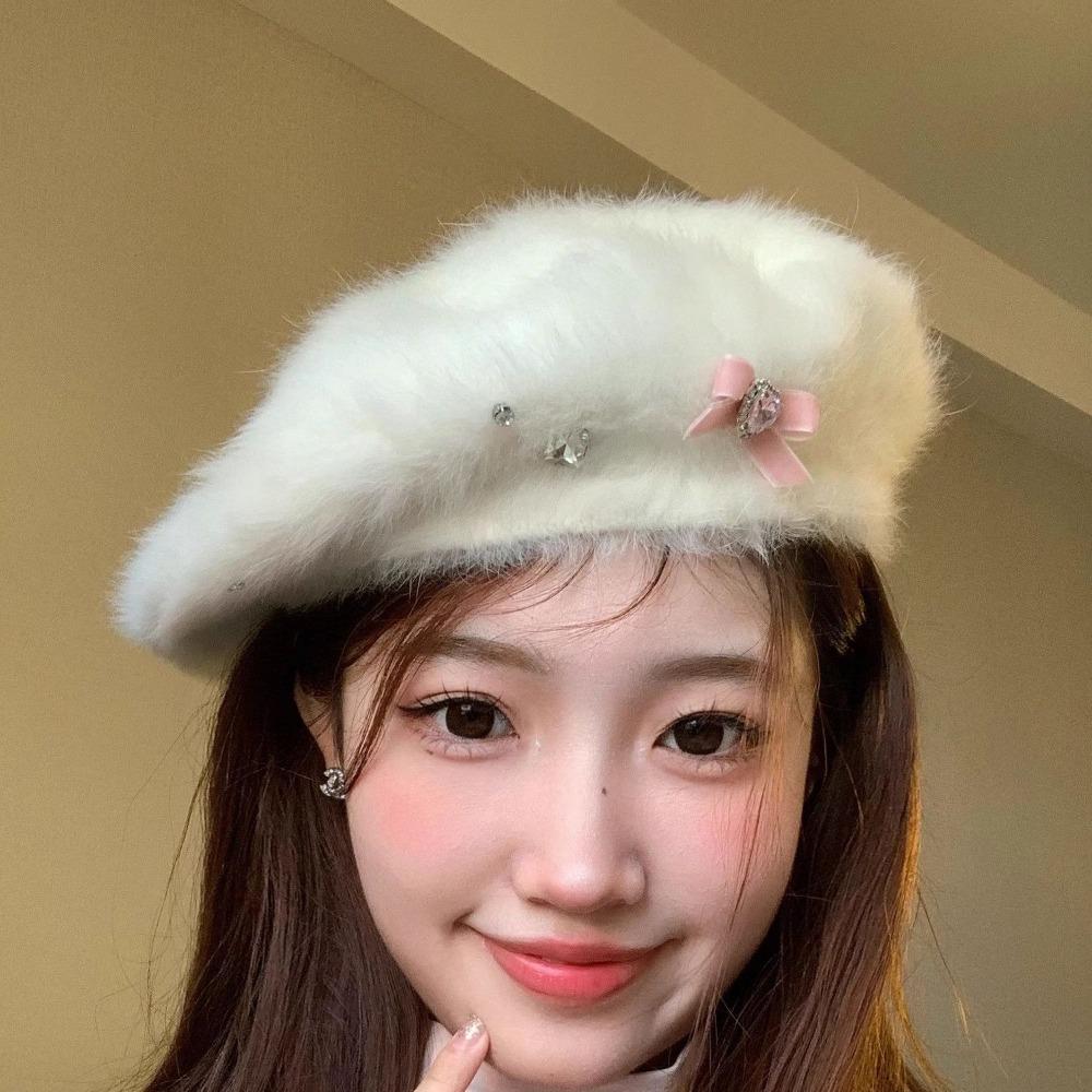 Women’s Hat Bowknot Plush Beret - Cute Painter Hat for Autumn and Winter