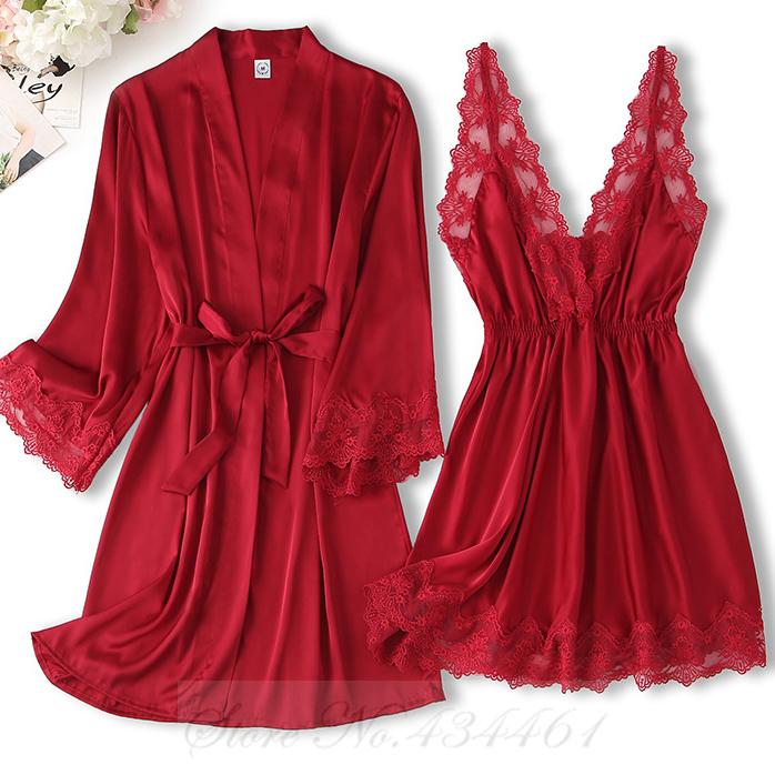 Black Lace Trim 2PCS Robe Nightgown Set Spring Summer Women Sleepwear Nightdress Sexy Bathrobe Underwear Loose Satin Home Wear