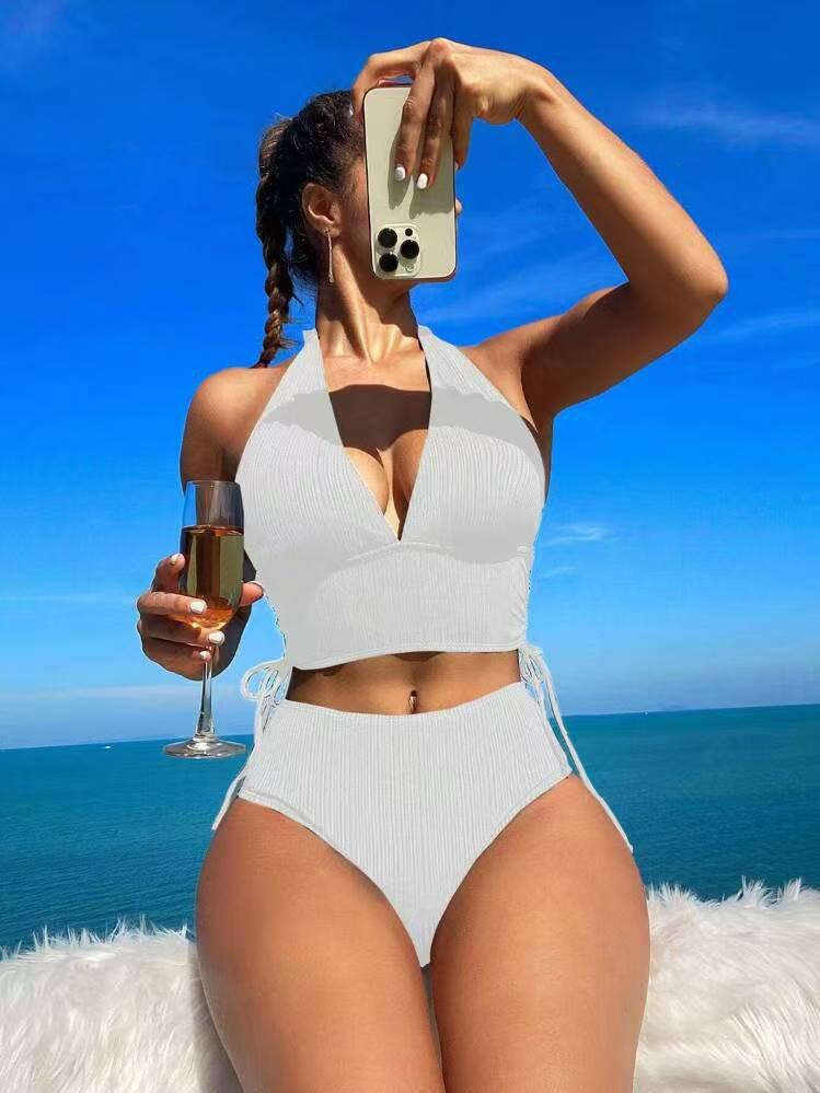 1011 new European and American high-waisted sexy lace-up pit strip bikini split swimsuit swimsuit bikini