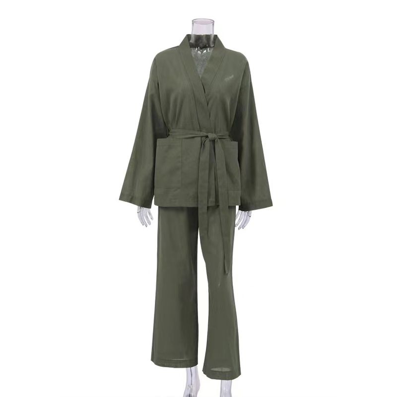 

Fashion Cardigan Fashion Lace-up Top and Trousers Suit Homewear Lace up Top and Pants Set Green S