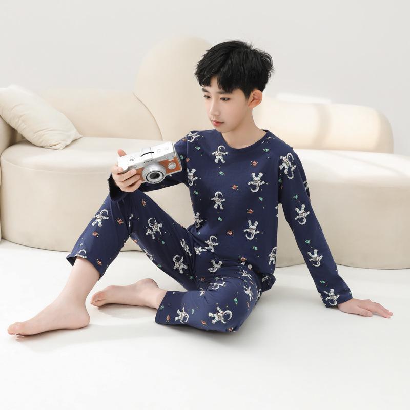 Boys' Long Sleeve Cotton Pajama Set for Summer with Air Conditioning Suit