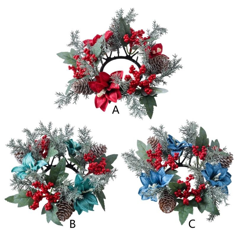 Door Wall Window Christmas Ornament Artificial Pinecone Candlestick Wreaths with Red Berries & Leaf Table Centerpiece