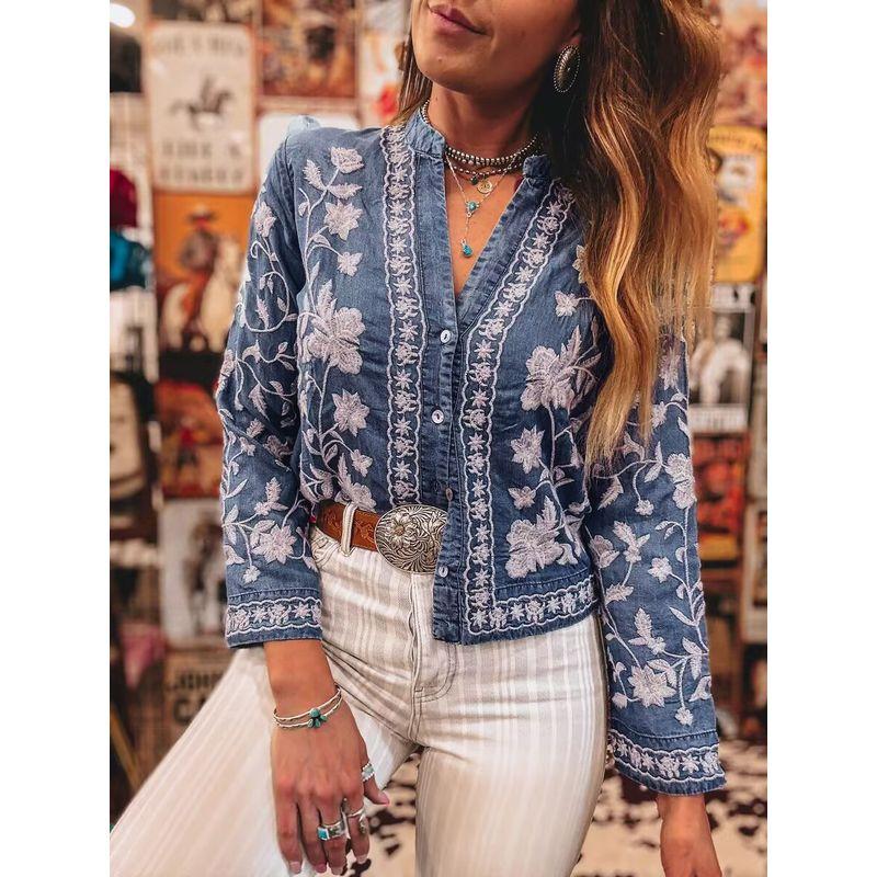 

V-neck Printed Single Brewed Shirt V-neck Print Single Breasted Long sleeve Shirts Dark Blue M