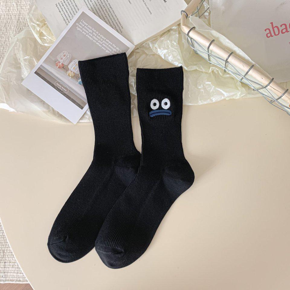 Chaussettes mi-mollet d'automne en coton mignon avec visage souriant brodé abstrait pour femmes